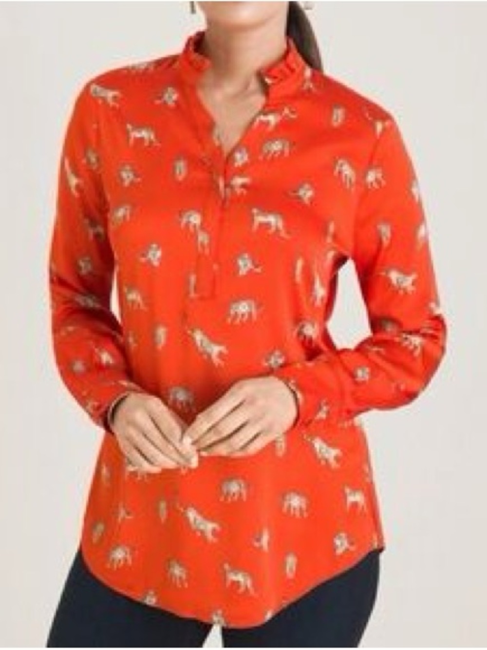 Chico's Bright Orange Printed Long-Sleeve Blouse- size 4 but runs like a large